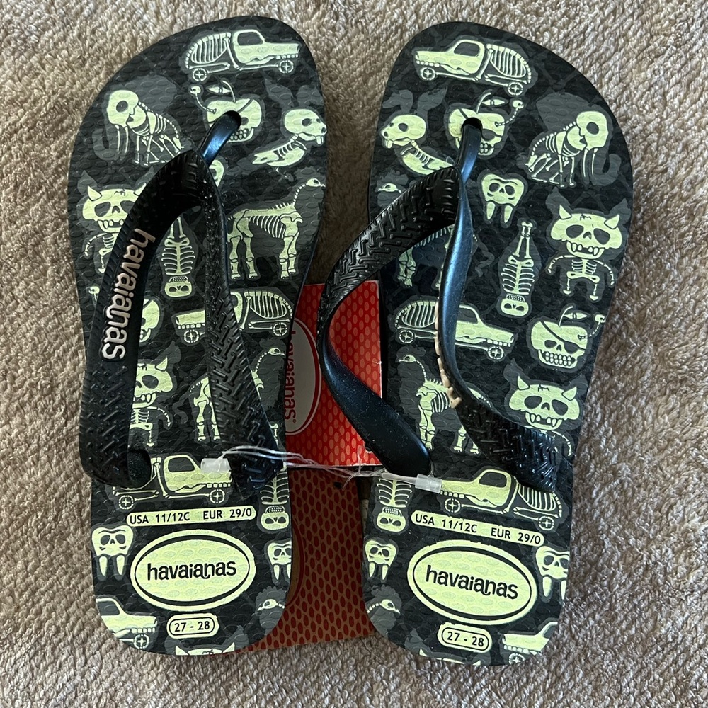 Havaianas Kids Flip Flop Black Phosphorous Bones Size 11-12 (EUR 29) Brand New